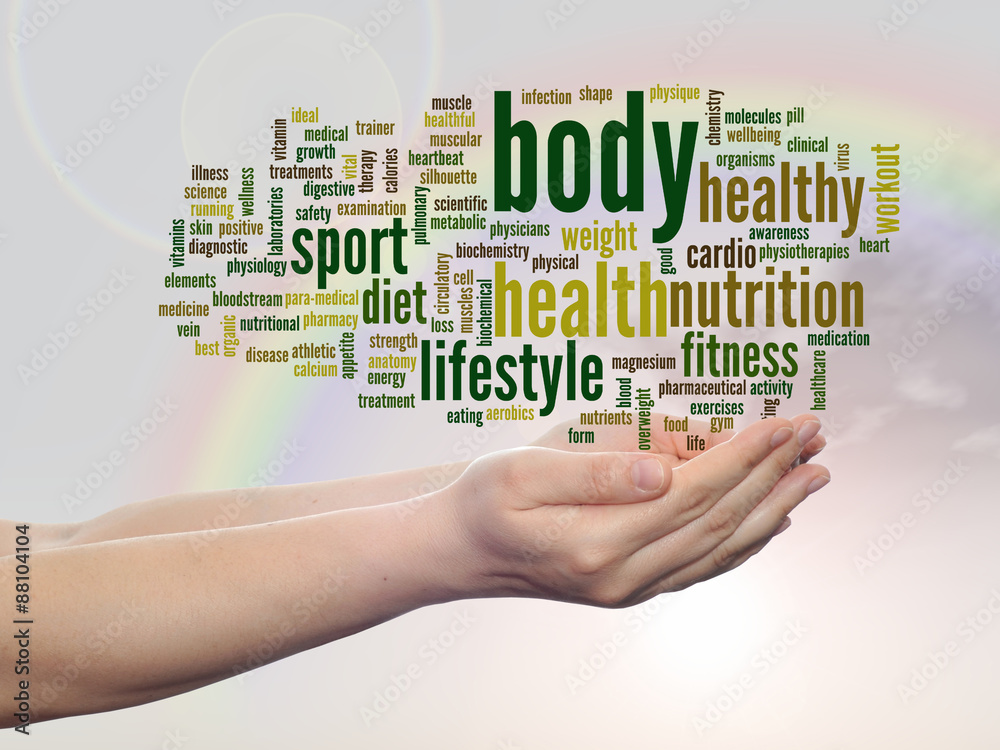 Conceptual health word cloud over rainbow Conceptual health word cloud over rainbow