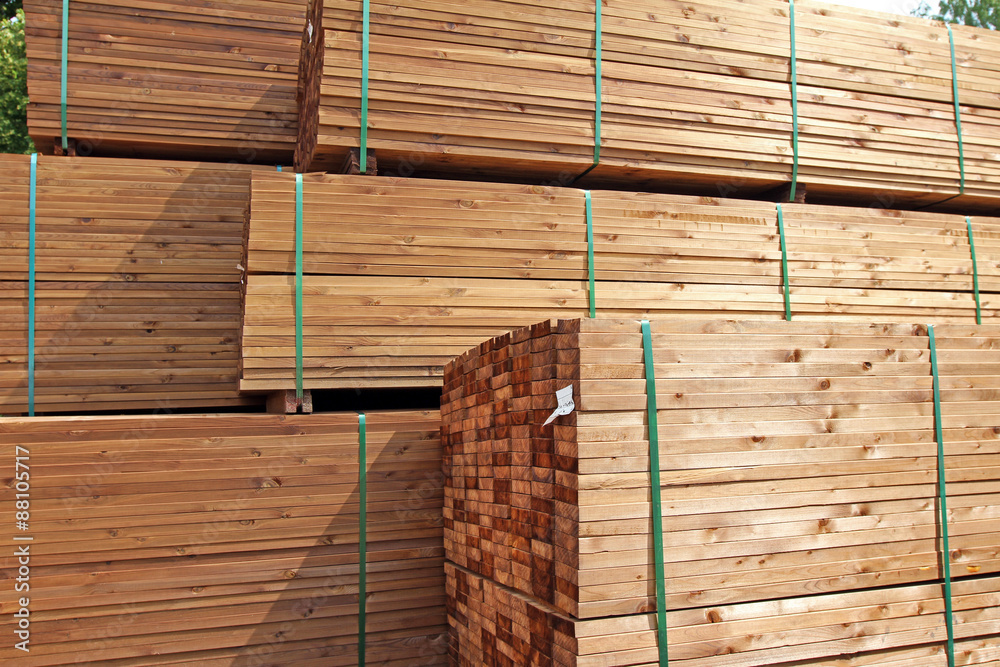 stack of wooden terrace planks at the lumber yard - obrazy, fototapety, plakaty 