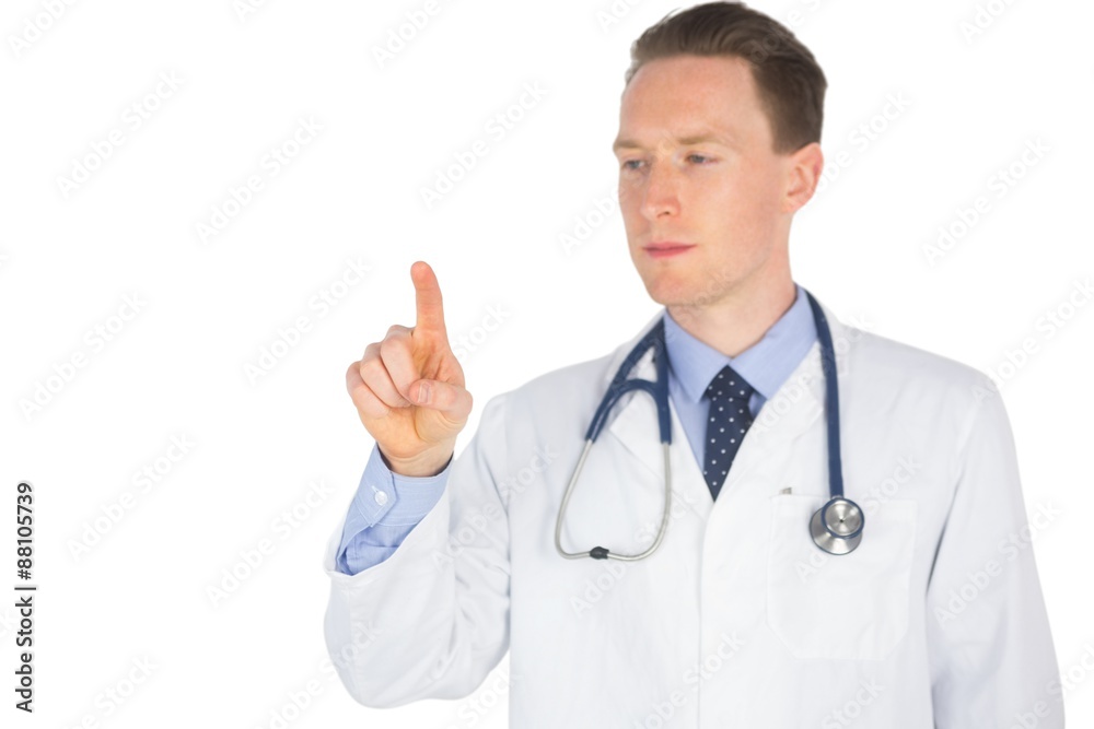 Serious doctor writing with fingers