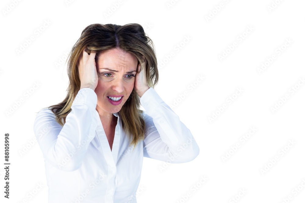  Stressed businesswoman with hands on her head