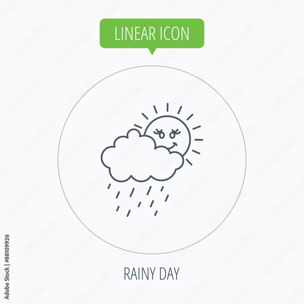 Rain and sun icon. Water drops and cloud sign.