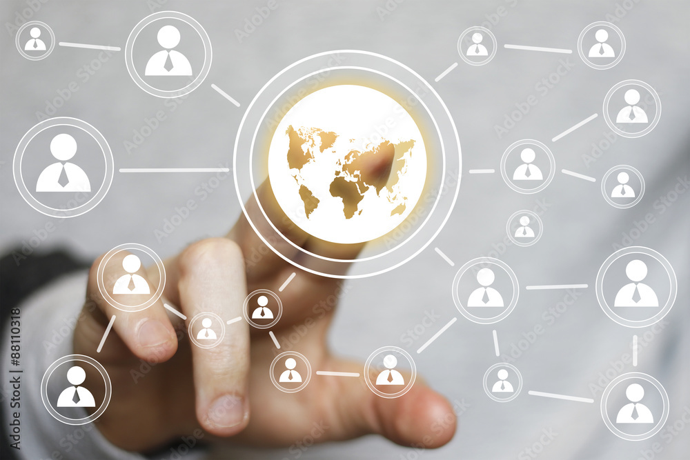 Businessman touch button web map communication icon Businessman touch button web map communication icon
