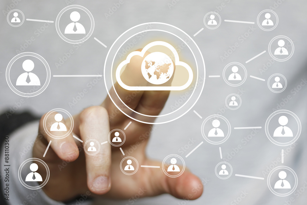 Businessman touch button interface cloud map communication icon Businessman touch button interface cloud map communication icon