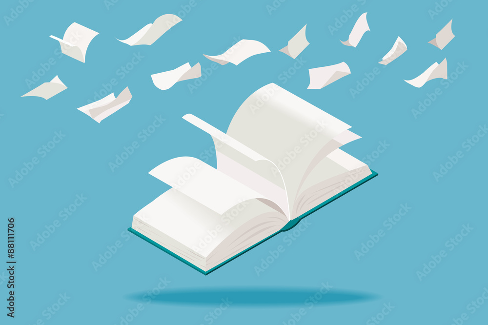 Obraz premium White Book and Paper Sheets Flying