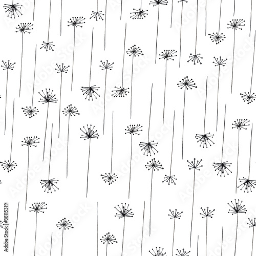 Seamless pattern with black silhouette of fennel painted in watercolor on a white background © nastyasklyarova