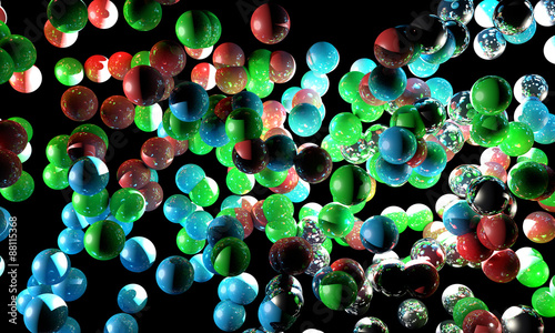 Fototapeta High quality 3D render of red, green, blue and chrome gum balls, with bright point lighting and lens flare effect, camera directly above.