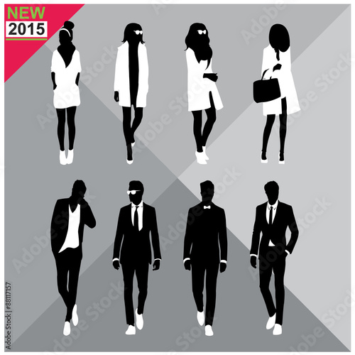 Set of men and women black silhouettes, editable