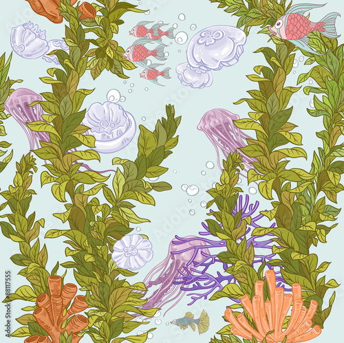 Seamless background of underwater world with marine seaweed, fis