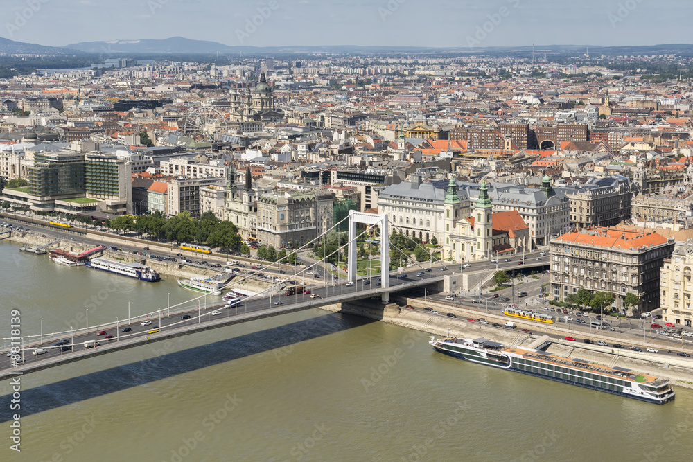 Erzsebet Bridge And Danube River, Budapest, Hungary 