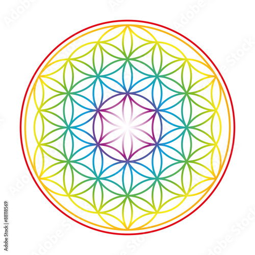 Flower of Life shown as an gently glowing rainbow colored symbol of harmony. Isolated vector illustration on white background.