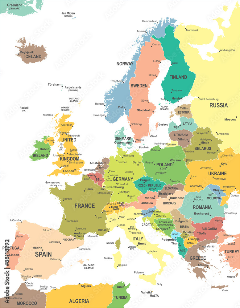 Naklejka Mapa Europy - bardzo szczegółowe ilustracji wektorowych.