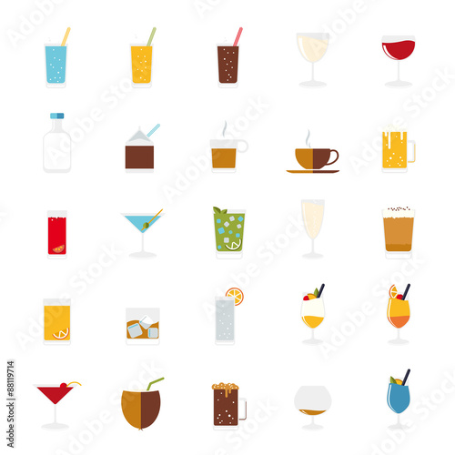 Collection of 25 flat design drink and beverage vector icons on white background
