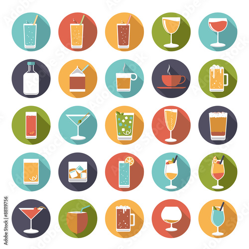 Collection of 25 flat design drink and beverage vector icons in circles