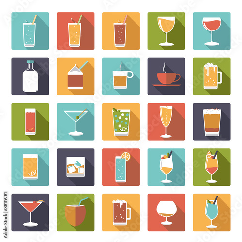 Collection of 25 flat design drink and beverage vector icons in square shape with rounded corners