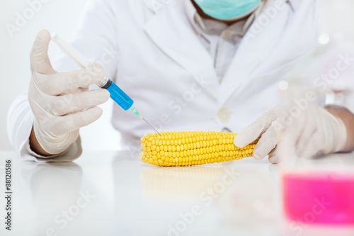 Scientist injecting chemicals into food. Close up. 
