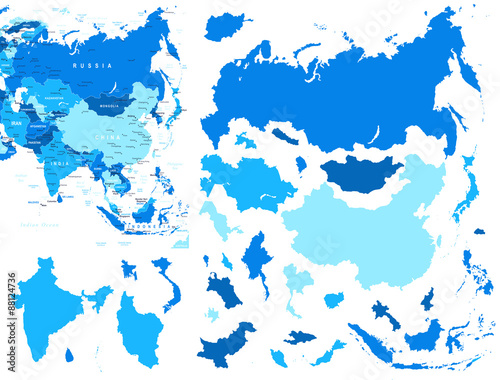 Asia map and country contours - Illustration. Vector illustration of Asia map.