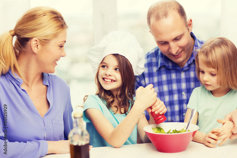 happy family with two kids eating at home happy family with two kids eating at home