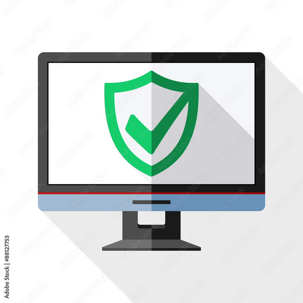 Monitor icon with security shield on the screen and long shadow Monitor icon with security shield on the screen and long shadow
