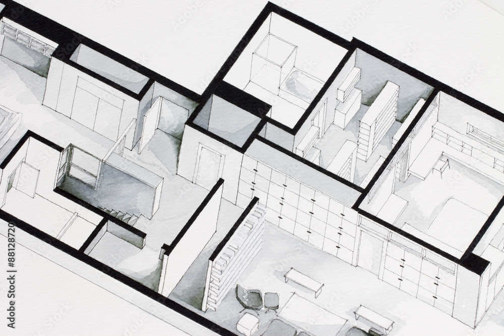 Illustration handmade drawing of isometric real estate condo floor plan, showing custom approach to property market artistic trends Illustration handmade drawing of isometric real estate condo floor plan, showing custom approach to property market artistic trends