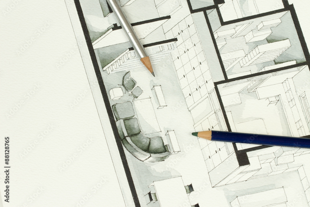 Two artistic drawing pencils set on actual real estate floor plan architectural isometric drawing stating for simplicity in interior design process and real estate business branch Two artistic drawing pencils set on actual real estate floor plan architectural isometric drawing stating for simplicity in interior design process and real estate business branch