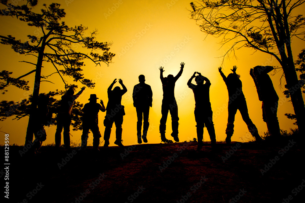 .Jumping Silhouette people group team .Jumping Silhouette people group team