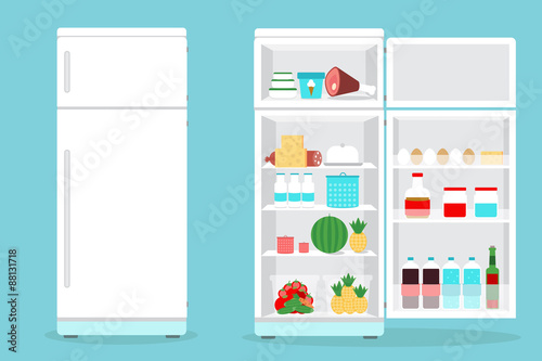 Refrigerator opened with food.Fridge Open and Closed with foods photo