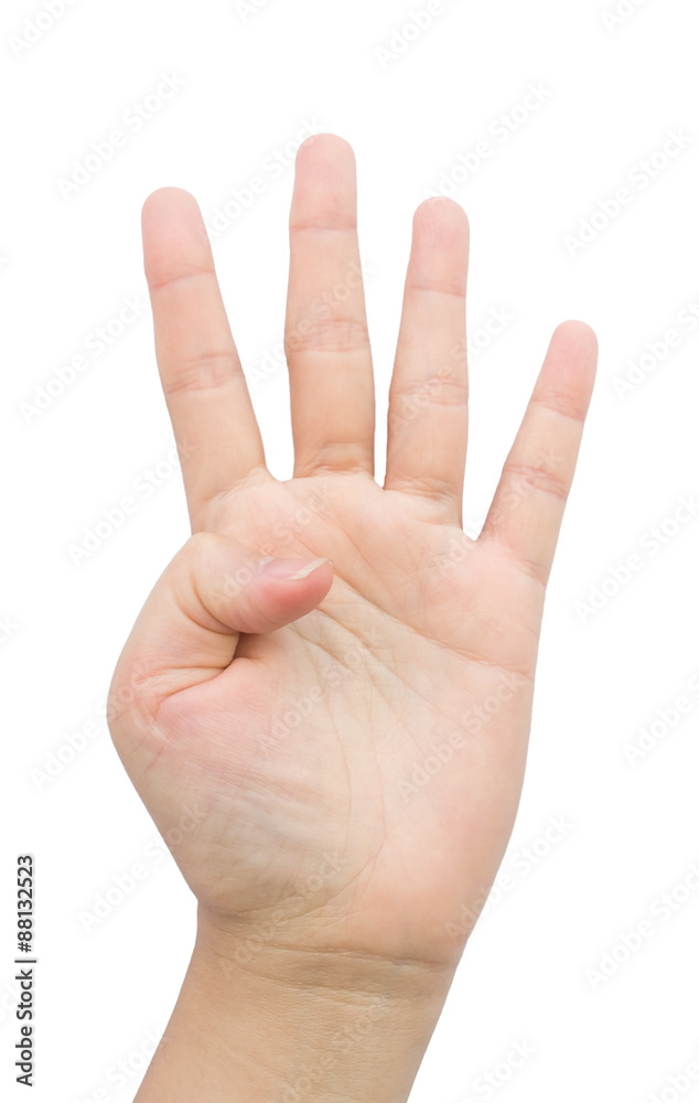 Female hand gesture four finger on isolated background. Female hand gesture four finger on isolated background.