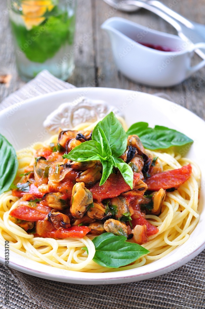 pasta with mussels, pepperoni, bacon, tomato and basil pasta with mussels, pepperoni, bacon, tomato and basil