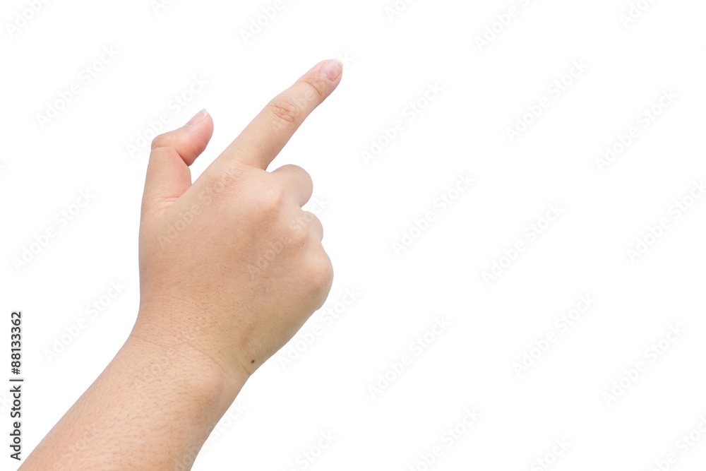 Female hand with pointing action on isolated background. Female hand with pointing action on isolated background.