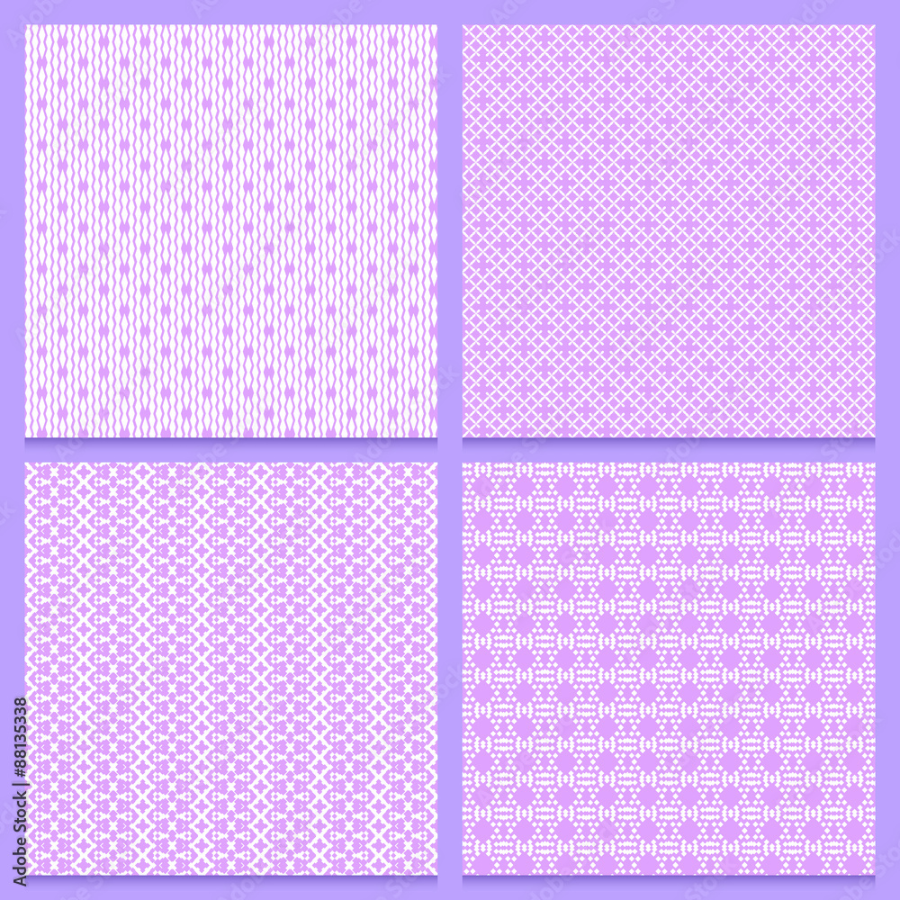 Set of four seamless patterns with white lace texture on pink ba Set of four seamless patterns with white lace texture on pink ba