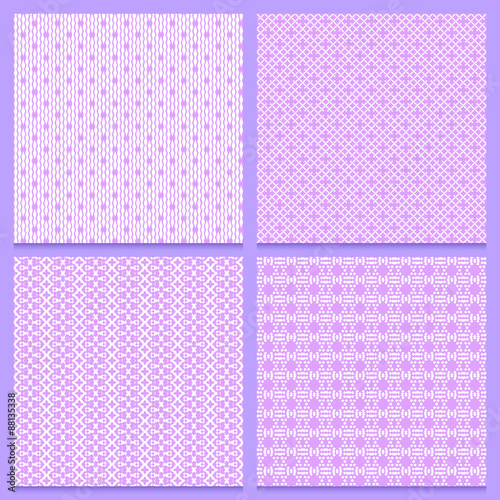 Set of four seamless patterns with white lace texture on pink ba