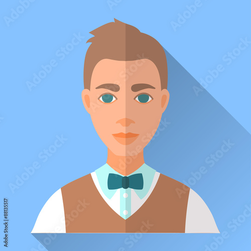 Blue trendy flat square wedding day fiance icon with shadow. Illustration of handsome future husband with short stylish brown hair wearing white shirt, brown waistcoat and blue bow tie.