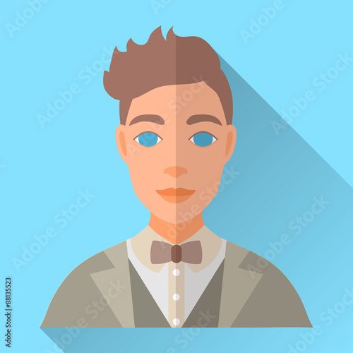 Blue trendy flat square wedding day fiance icon with shadow. Illustration of handsome future husband with stylish brown hair wearing light grey hipster suit, waistcoat, white shirt and brown bow tie.