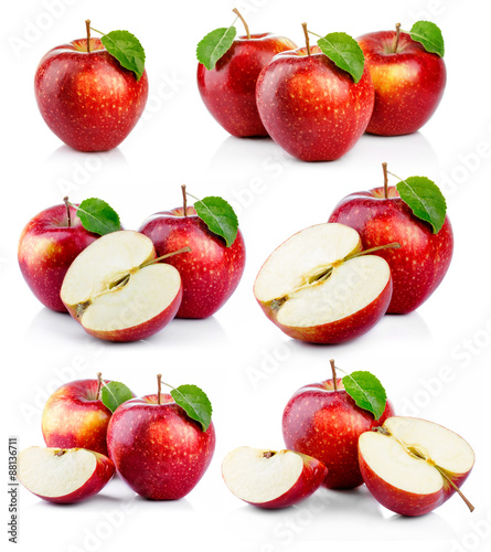 Set of ripe red apples with green leaves isolated