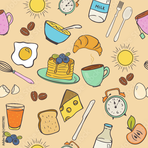 Doodle style seamless pattern with breakfast food