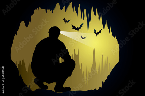vector cave with man and bats