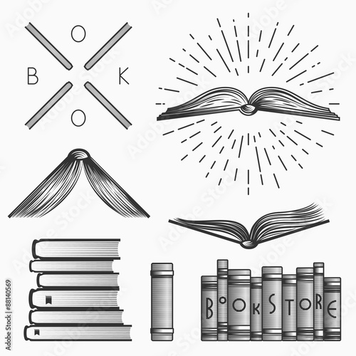 Vintage book store and library emblems, logos templates, labels, symbols  and design elements. Stock vector.