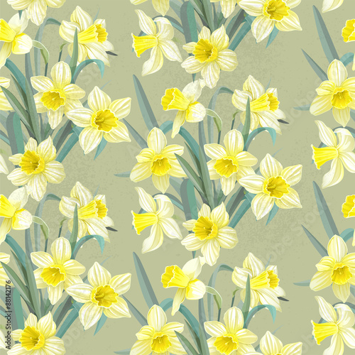 Fototapeta Naklejka Na Ścianę i Meble -  Seamless vintage pattern lush yellow daffodils