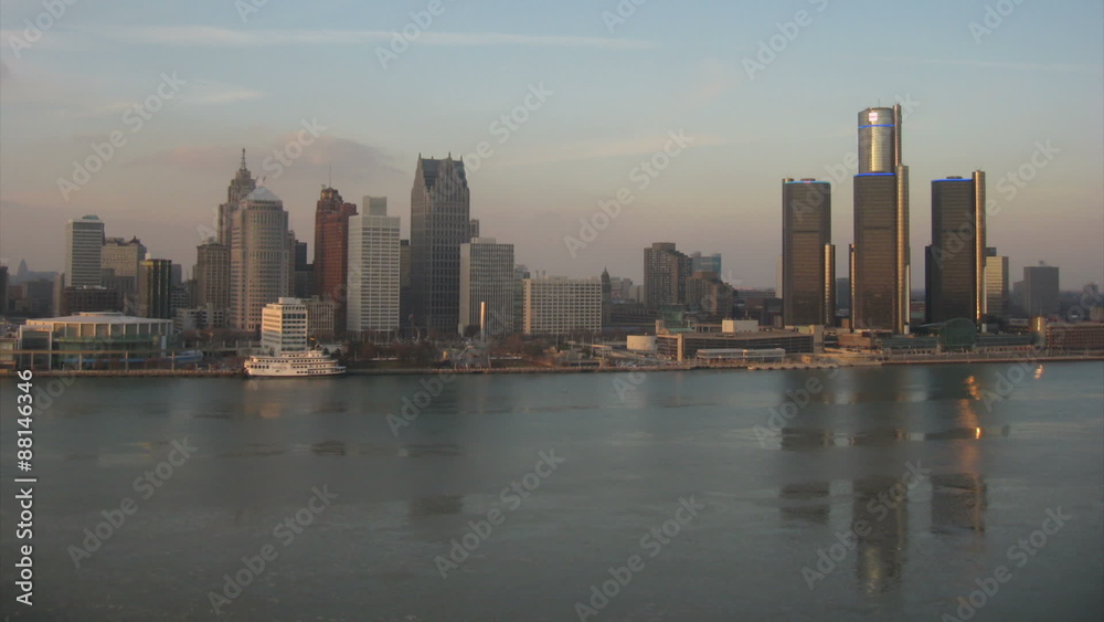 Detroit Skyline Afternoon Time Lapse 2. Detroit city skyline during a cold winter afternoon just before dusk, shot in time lapse. Detroit Skyline Afternoon Time Lapse 2. Detroit city skyline during a cold winter afternoon just before dusk, shot in time lapse.