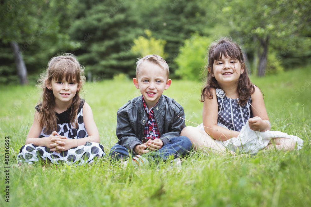 Fototapeta premium childrens having fun time in green meadow
