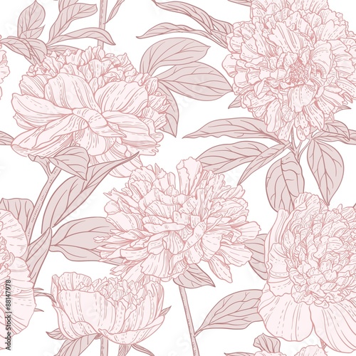 Seamless pattern of pink peonies line art