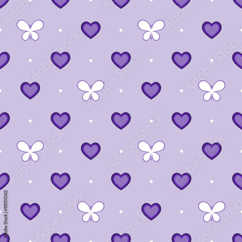 Seamless violet pattern with hearts and butterflies, vector