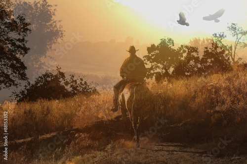 A cowboy rides his horse into the sunset through an orange and yellow meadow with crows flying above.