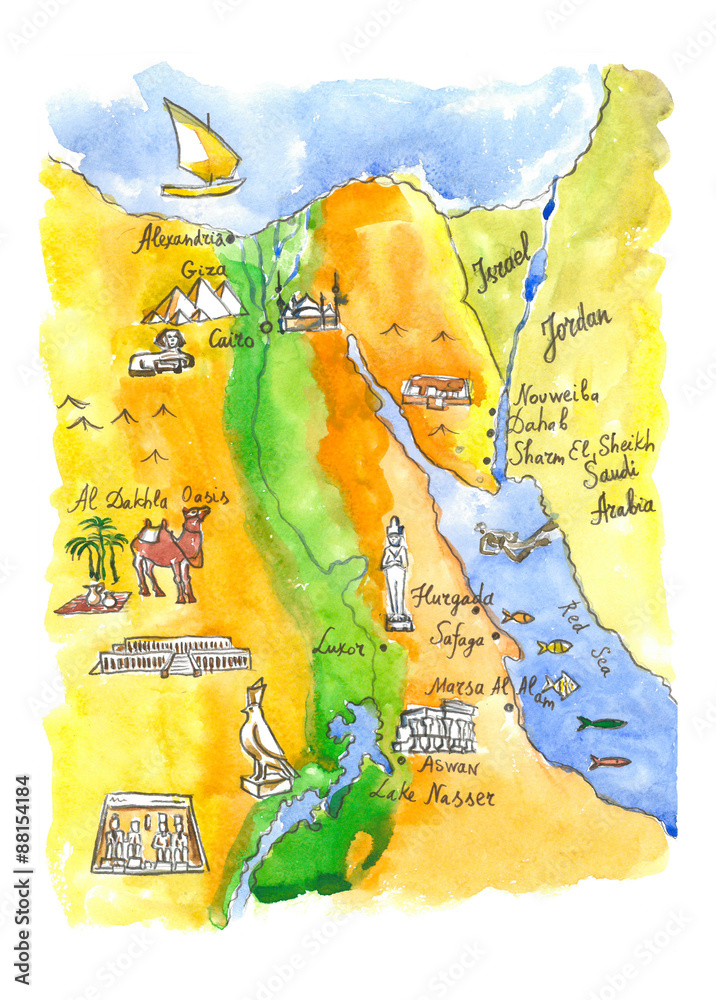 Watercolor map of attractions in Egypt
