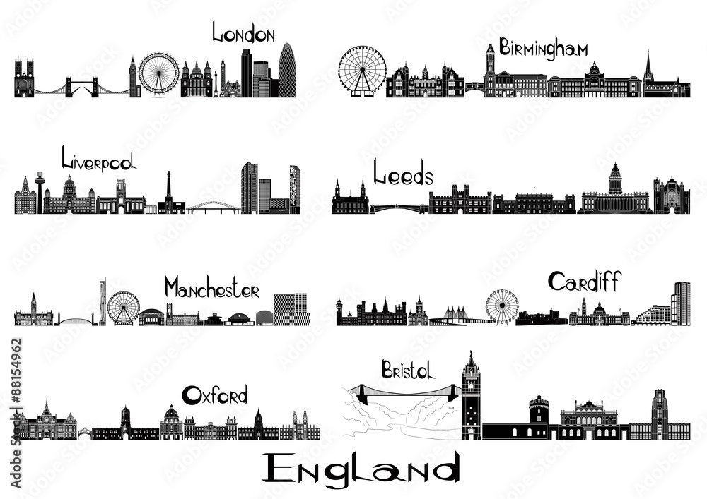 Silhouette signts of 8 cities of England - London, Liverpool, Manchester, Oxford, Birmingham, Leeds, Cardiff, Bristol