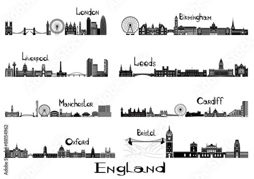 Silhouette signts of 8 cities of England - London, Liverpool, Manchester, Oxford, Birmingham, Leeds, Cardiff, Bristol photo