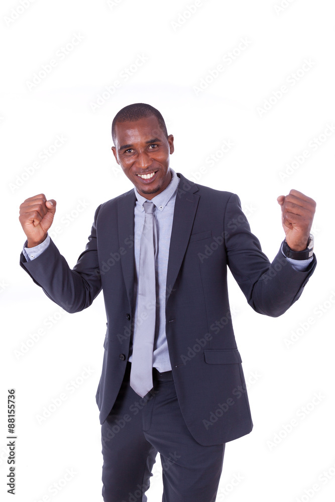 African american business man with clenched fist over white back African american business man with clenched fist over white back