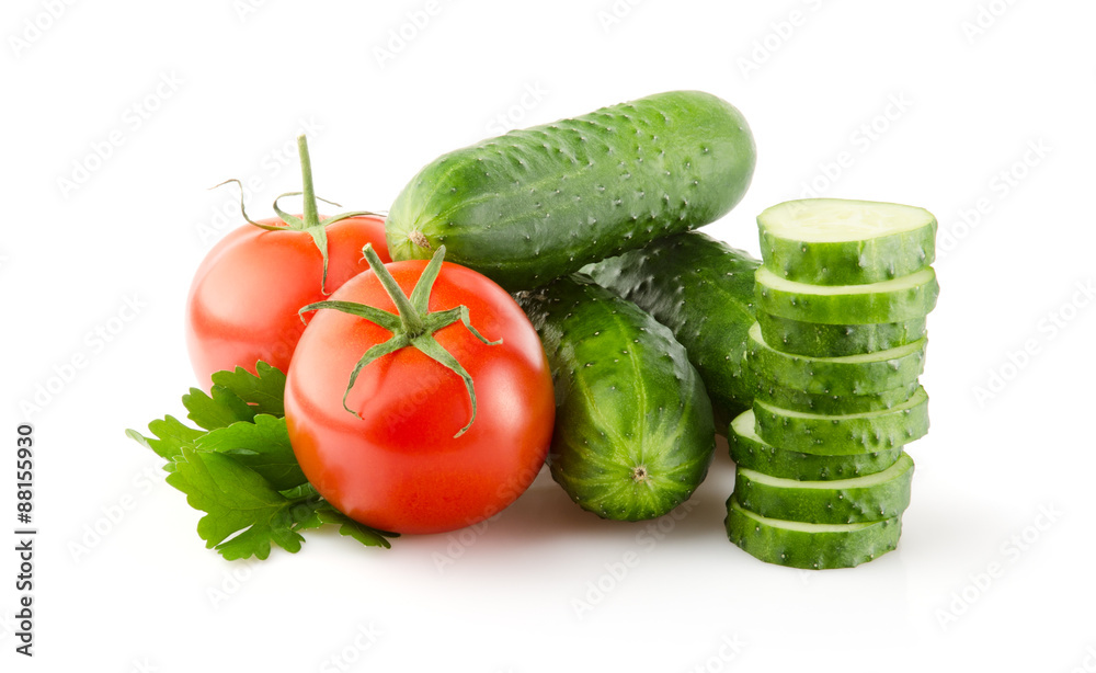 Fresh Tomatoes, Cucumbers and Parsley on white