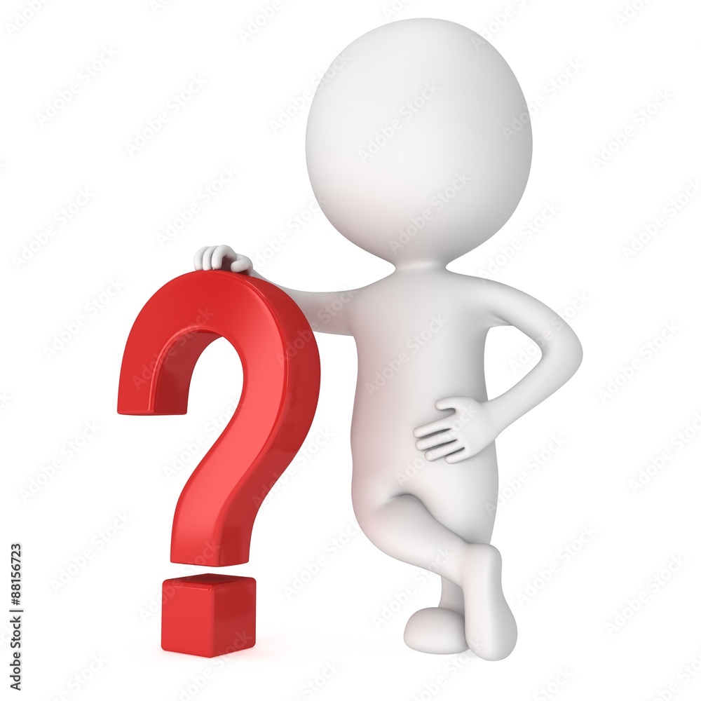 3D man rests on red question mark 3D man rests on red question mark
