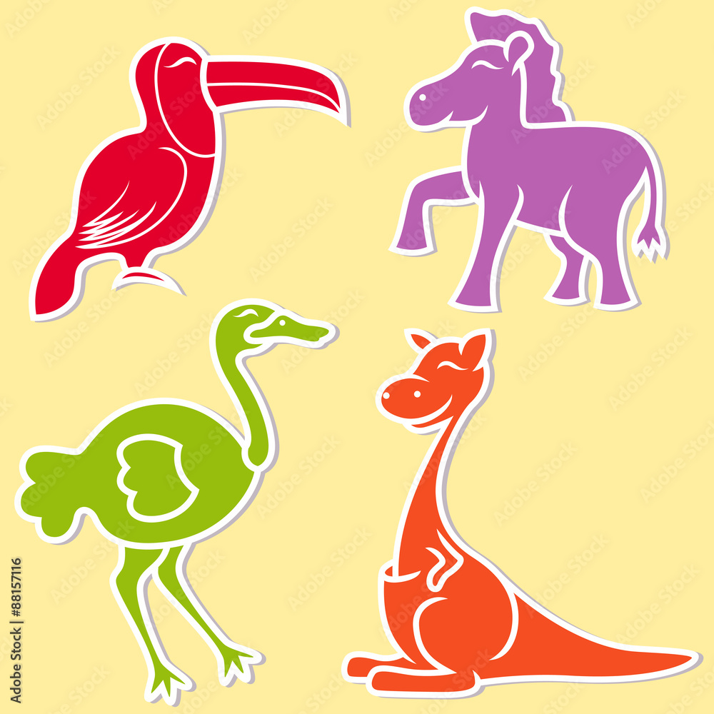 Toucan, pony, ostrich and kangaroo Toucan, pony, ostrich and kangaroo